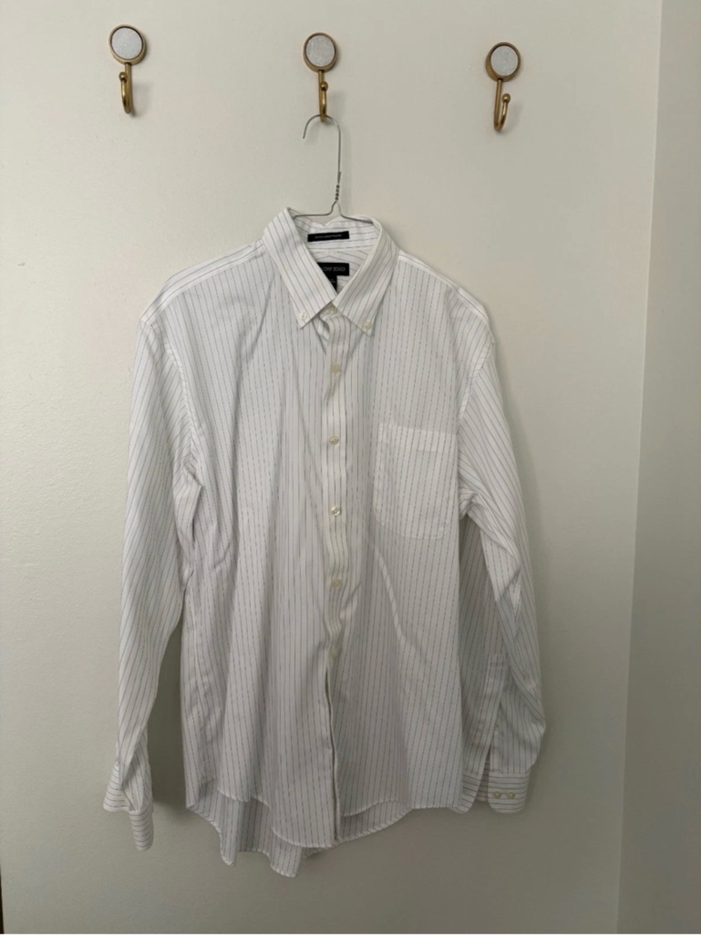 Lands' End Supima No Iron Tailored Fit Button Down Dress Shirt White Pinstripe